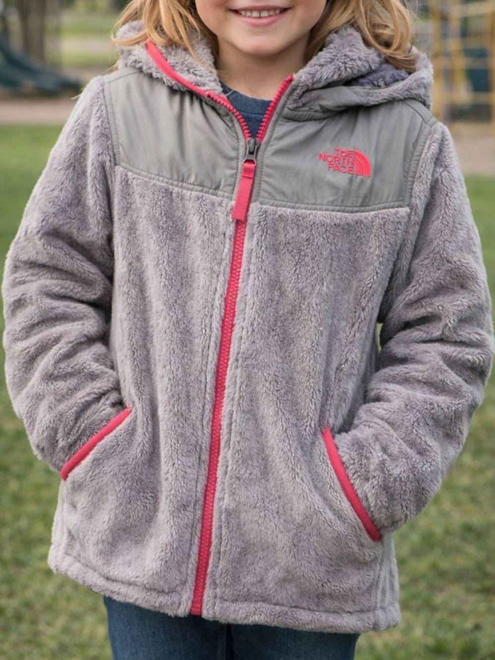 The North Face Girls' Gray Glacier Full Zip Fleece Hoodie Jacket Pink Trim